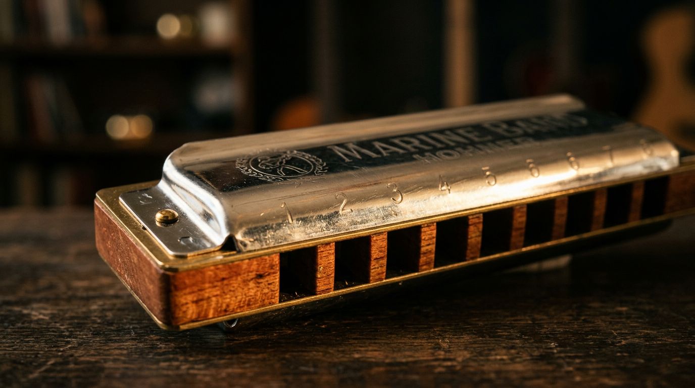 A close-up of a diatonic harmonica catching warm light against a dark background