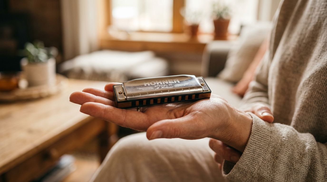 A pocket-sized diatonic harmonica resting in an open palm
