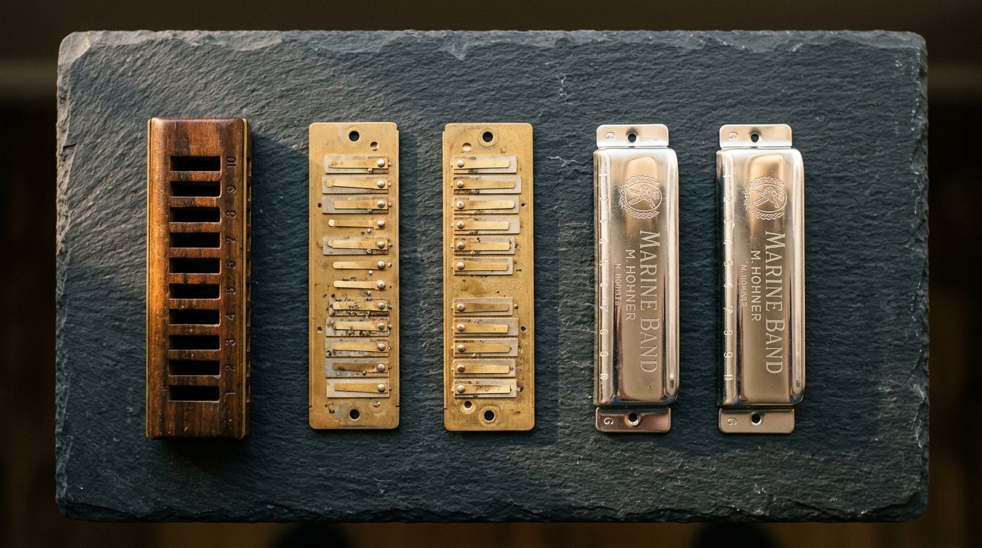 A disassembled harmonica showing the comb, two reed plates and two cover plates laid out in a row