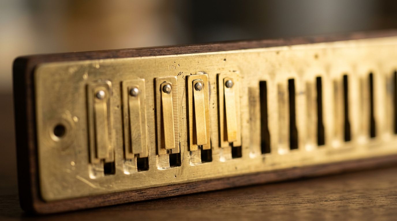 An extreme macro of a brass harmonica reed plate showing the thin reeds over their slots