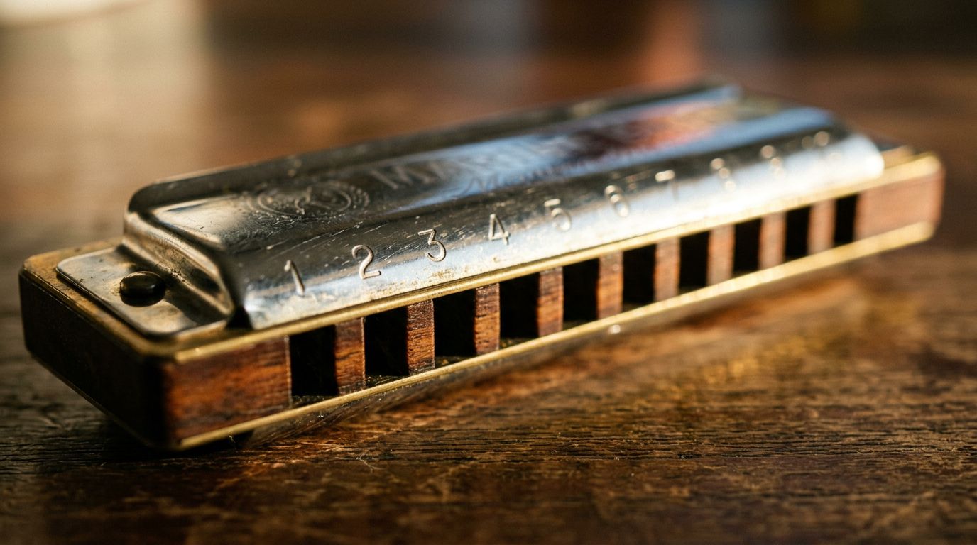 A close-up along the row of numbered holes on a diatonic harmonica, from low to high