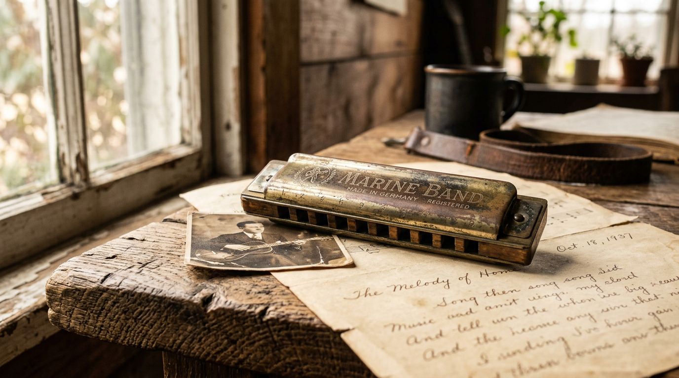 A vintage antique harmonica resting on aged paper and weathered wood by a window