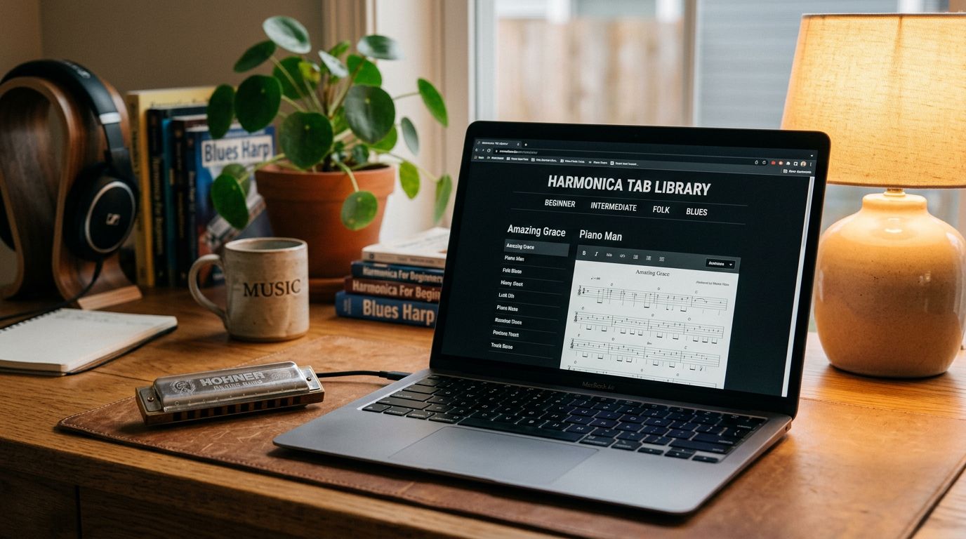 A harmonica beside an open laptop displaying a harmonica tab library