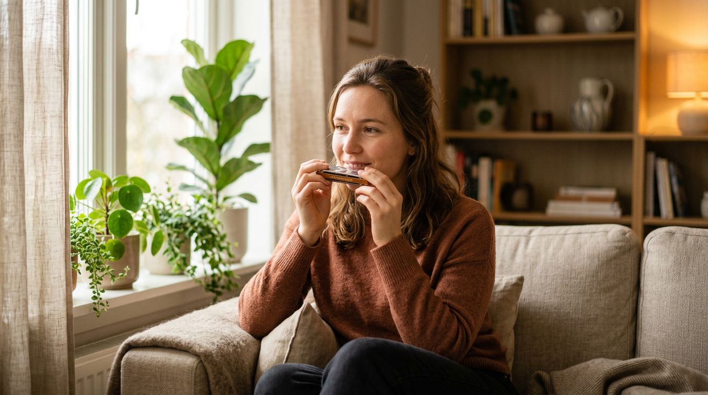 A relaxed beginner playing a diatonic harmonica at home by a window