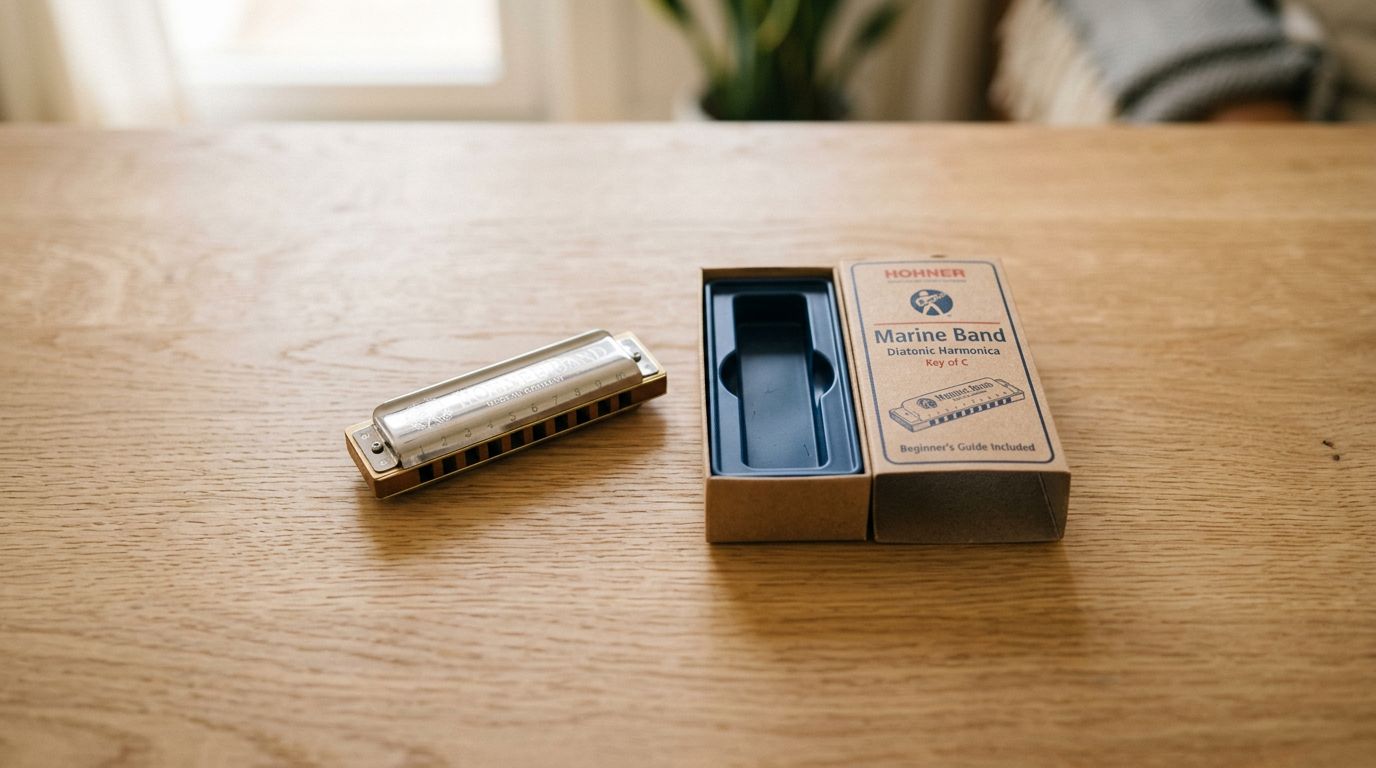 A key-of-C diatonic harmonica beside its box on a light wooden table