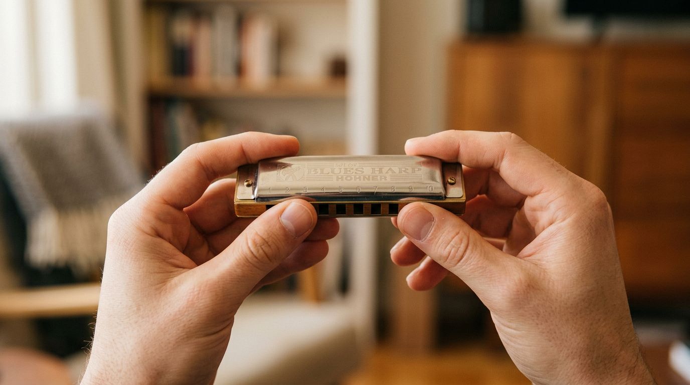 Hands holding a harmonica with a relaxed grip between thumb and index finger