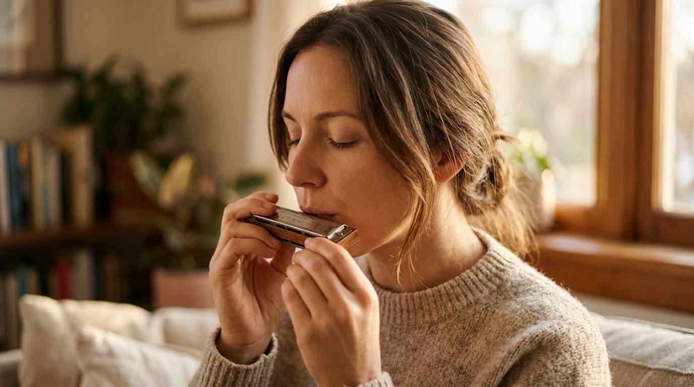 A person breathing gently and calmly into a harmonica