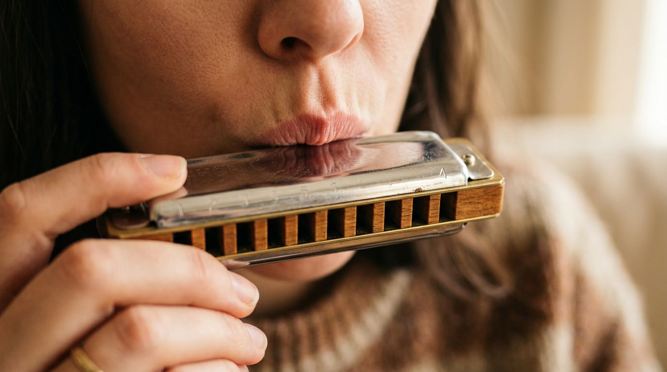 Close-up of puckered lips aiming for a single hole on a harmonica