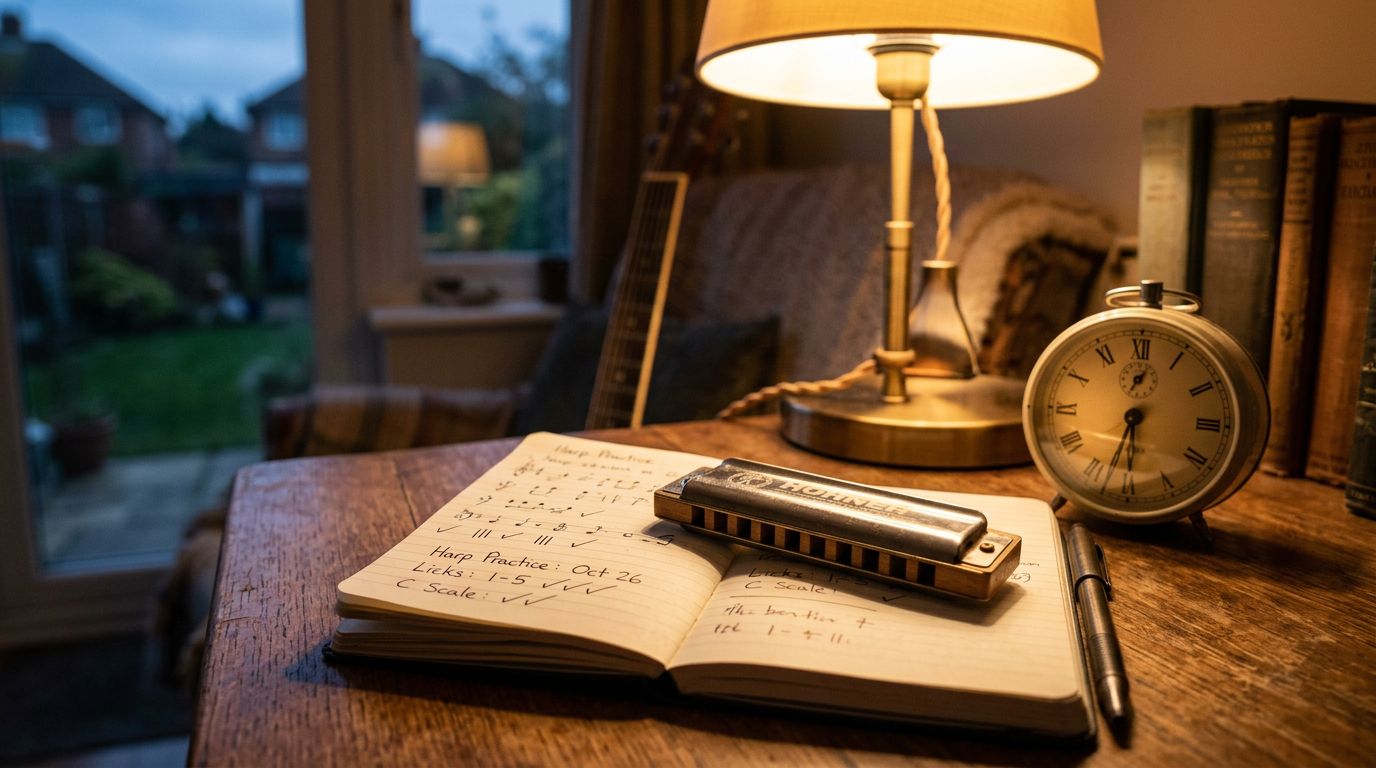 A harmonica resting on a practice notebook beside a clock and a warm desk lamp