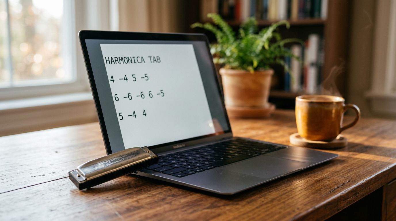 A harmonica resting against a laptop showing harmonica tab numbers on screen