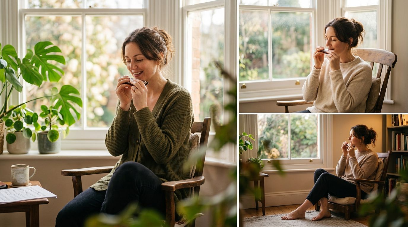A person calmly practicing the harmonica by a bright window