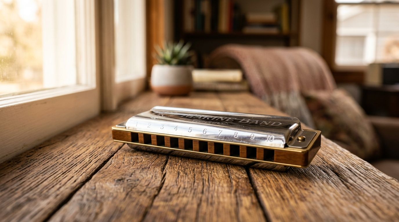 A diatonic harmonica with numbered holes 1 to 10 resting on a sunlit wooden table
