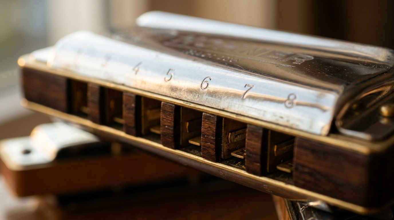 Macro close-up of a harmonica's numbered holes and reed comb