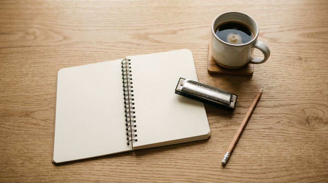 A C harmonica, a blank notebook, a pencil and a cup of coffee on a wooden desk