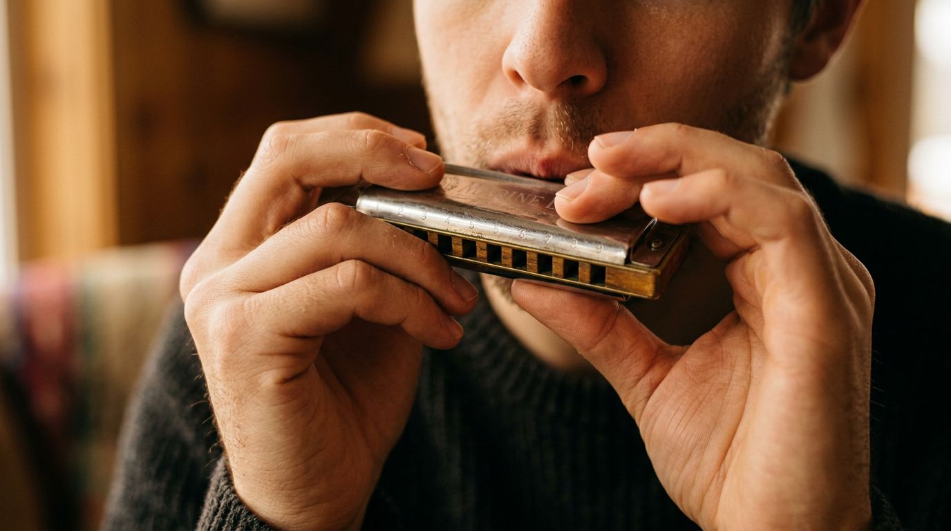 Close-up of a person's cupped hands holding a harmonica to their mouth while playing