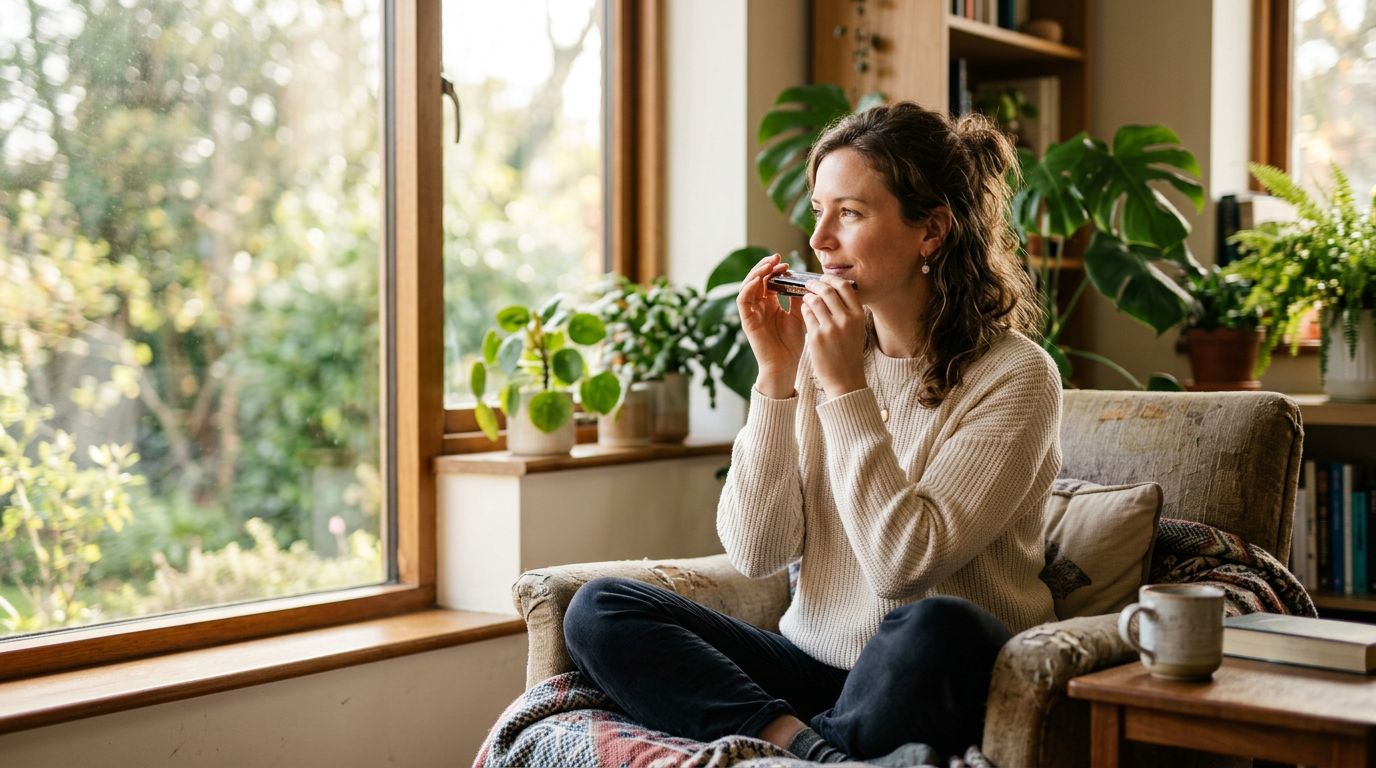 A person relaxing by a bright window practicing the harmonica at home