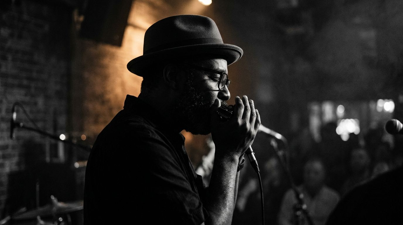 Silhouette of a blues harmonica player cupping their instrument under warm stage light