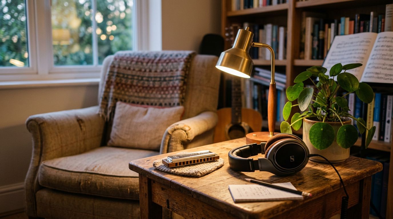 A cozy home practice nook with a harmonica, headphones, a warm lamp and a green plant