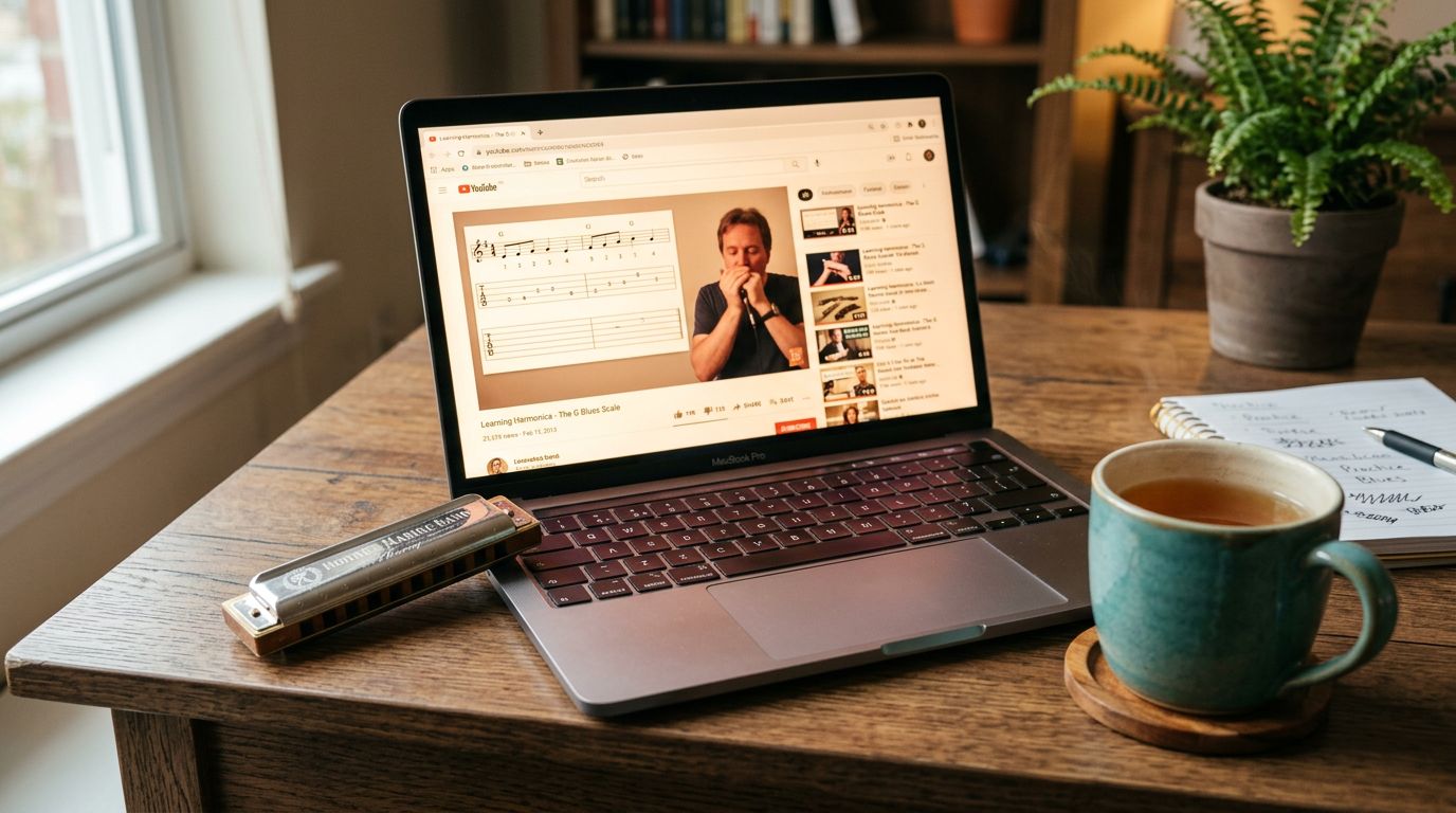 A harmonica resting on a desk beside an open laptop showing harmonica tabs online